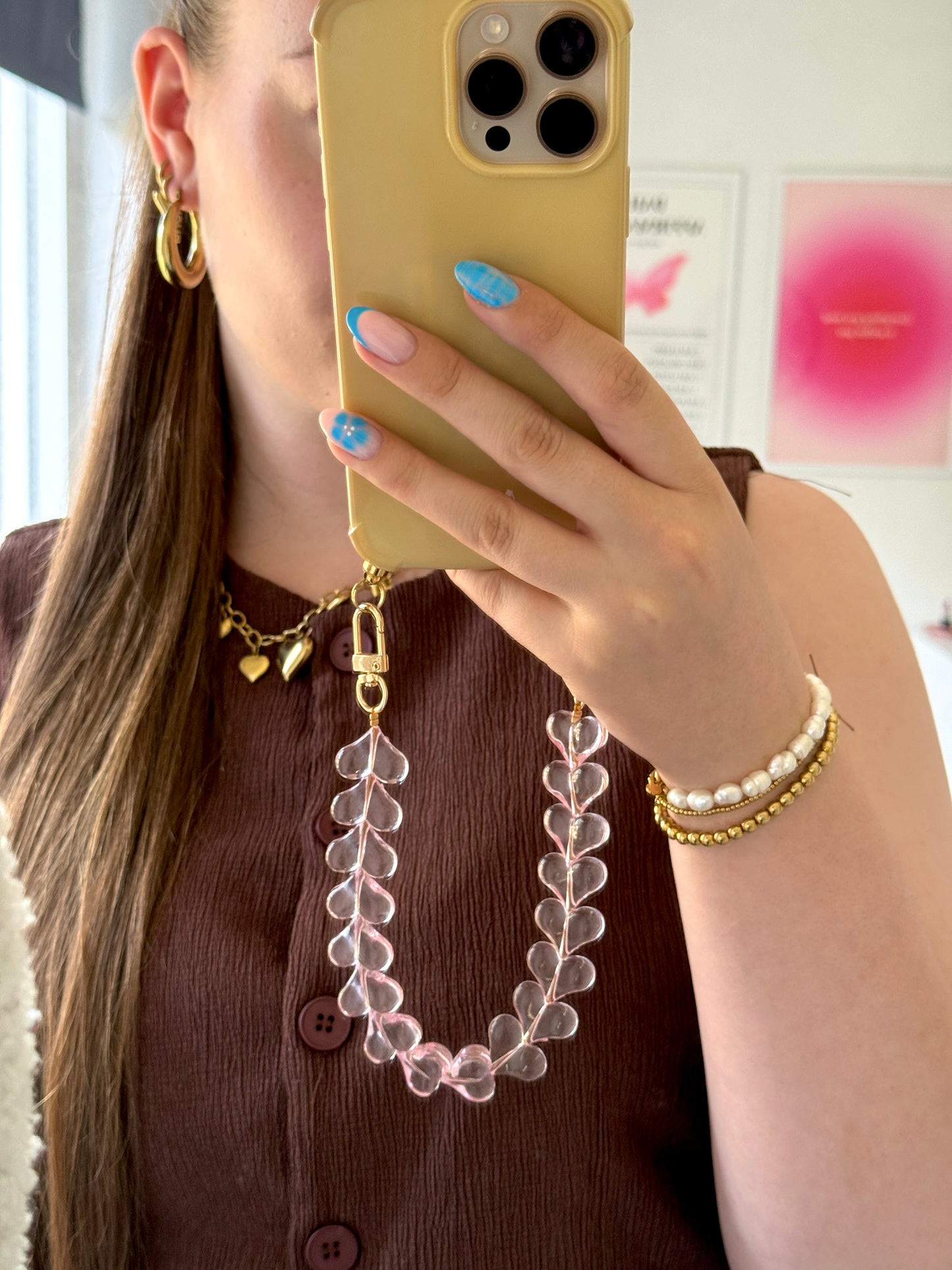 Hartjes Telefoonkoord Clear Licht Roze - Goud